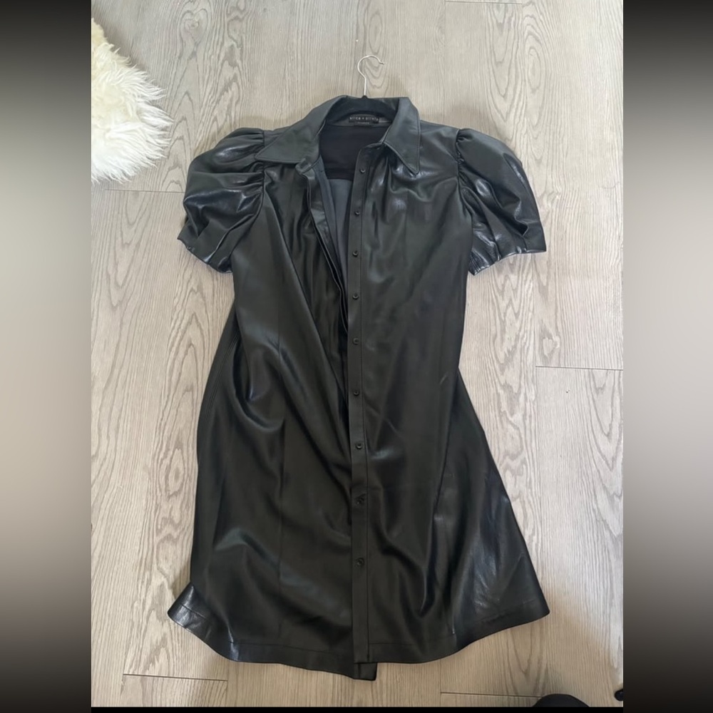 Black Faux Leather Puff Sleeve Dress
